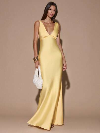 SHEIN BAE Yellow Summer Seductive Day Party,Elegant Deep V-Neck Sleeveless Backless Tie Maxi Dress,Minimalist Solid Color Wedding Guest Cocktail Formal Outfits