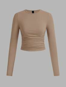 SHEIN EZwear 3件套女士休闲纯色圆领褶皱长袖T恤，秋冬 - 彩色 - 查看 8