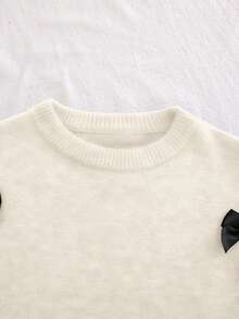 Cozy Pixies Ung flicka färgblocksmönster rosettdekor rund halsringning nedsänkt axeltröja, minimalistisk stil basic, lämplig för höst/vinter inomhus, utomhusskidåkning, vardagskläder, sport, lek, fest, fotografering, jul - Vitt - Visa 7