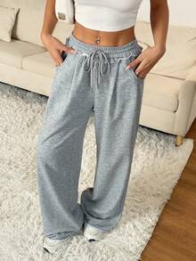 SHEIN PETITE 女士夏季街头服饰外出休闲运动基本款法式灰色松紧腰带直筒宽松裤 - 灰色 - 查看 5