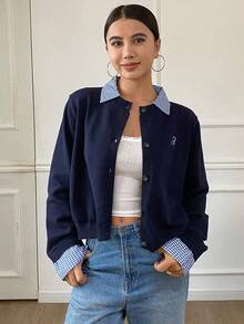 DAZY Cárdigan casual de mujer de manga larga con parches a cuadros y bordado de letras 2 en 1 - Azul Marino - Ver 7