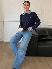 DAZY Cárdigan casual de mujer de manga larga con parches a cuadros y bordado de letras 2 en 1 - Azul Marino - Ver 8