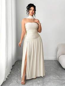 Váy dài Elenzga thanh lịch, vải bóng mới, dáng rộng, không dây, xếp ly eo, xẻ tà, thích hợp cho đám cưới, tiệc tốt nghiệp, hẹn hò và kỳ nghỉ - Màu be - Xem 5