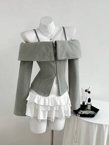 Elamini 1 Áo khoác nữ trễ vai màu xám, dây kéo kép, eo, thích hợp mặc hàng ngày, đi làm, thường ngày, Thu/Đông - Xám - Xem 4