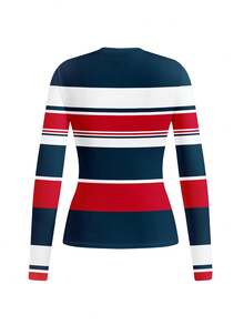 SHEIN Clasi 休闲简约红白蓝航海条纹复古风格针织打底T恤，百搭秋冬 - 彩色 - 查看 3