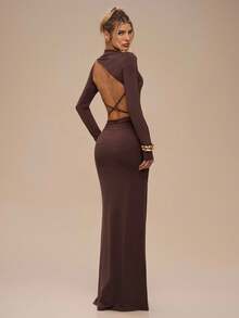 SHEIN BAE 纯色长袖露背系带褶饰优雅连衣裙，适合秋冬季，伴娘服，生日礼服，正式场合礼服，日常穿着 - 棕色 - 查看 8