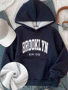 Tween Girls Navy Blue Thermal Lined Thick Letter Print Hoodie Sweatshirt, Casual School Style, Autumn/Winter