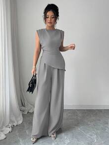 Rafferiza 2件套女士纯色纹理褶皱圆领无袖上衣 - 灰色 - 查看 4