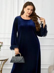 Modelyn Plus Size Women's Solid Color Round Neck Long Sleeve Furry Patchwork Loose Elegant Dress - Royal Blue - View 7