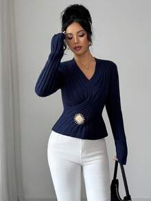 Elenzga Women's Ribbed V-Neck Long Sleeve Sweater, Fashionable For Autumn/Winter - Navy Blue - View 6