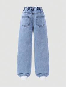 SHEIN ChillGRL Tween Girls Jeans - 新款时尚雪花洗做旧刺绣阔腿牛仔裤 - 淺色水洗藍 - 查看 2