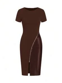 Ellevyn 优雅女士冬季黑色短袖拼接PU皮革拉链开衩紧身连衣裙 - 咖啡 - 查看 6