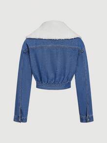 Selenza Veste en jean courte à col contrasté et poche rabat pour femmes, style mode décontracté. Automne/Hiver - Bleu azur - Voir 2