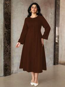 Roveilla Váy dài tay màu trơn cổ điển tối giản, bảo thủ, cỡ lớn dành cho nữ, mùa thu/đông - Màu nâu  Mocha - Xem 5