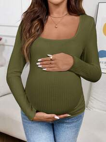 SHEIN Maternity Casual Solid Color Fitted T-Shirt, Autumn - Army Green - View 3