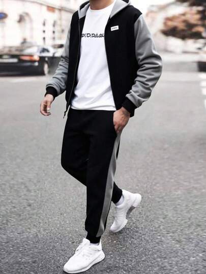 SHEIN 青少年男孩拼色简约廓形卫衣卫衣和裤子套装，休闲学院风，舒适百搭，面料柔软，适合日常穿着、上学、郊游、户外活动、秋冬季