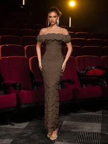 Glamrae 优雅奢华杏色刺绣手工串珠3D花卉露肩长款正式晚礼服 - 咖啡棕 - 查看 4