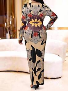 SHEIN Lady Brown Dress Elegant Dresses For Party Long Party Dresses Luxury Evening Dresses For Women Shiny Dress Party Dress   Long Party Dress  Plus Size Women Geometric Print V-Neck Long Sleeve Split Hem Fitted Elegant Dress