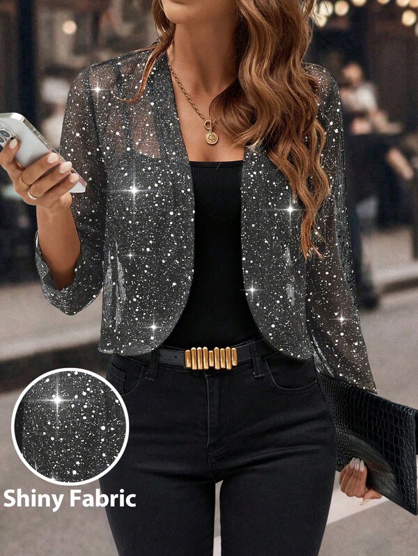 Editum Veste courte noire zippée devant brillante avec graphique pour femmes en automne/hiver