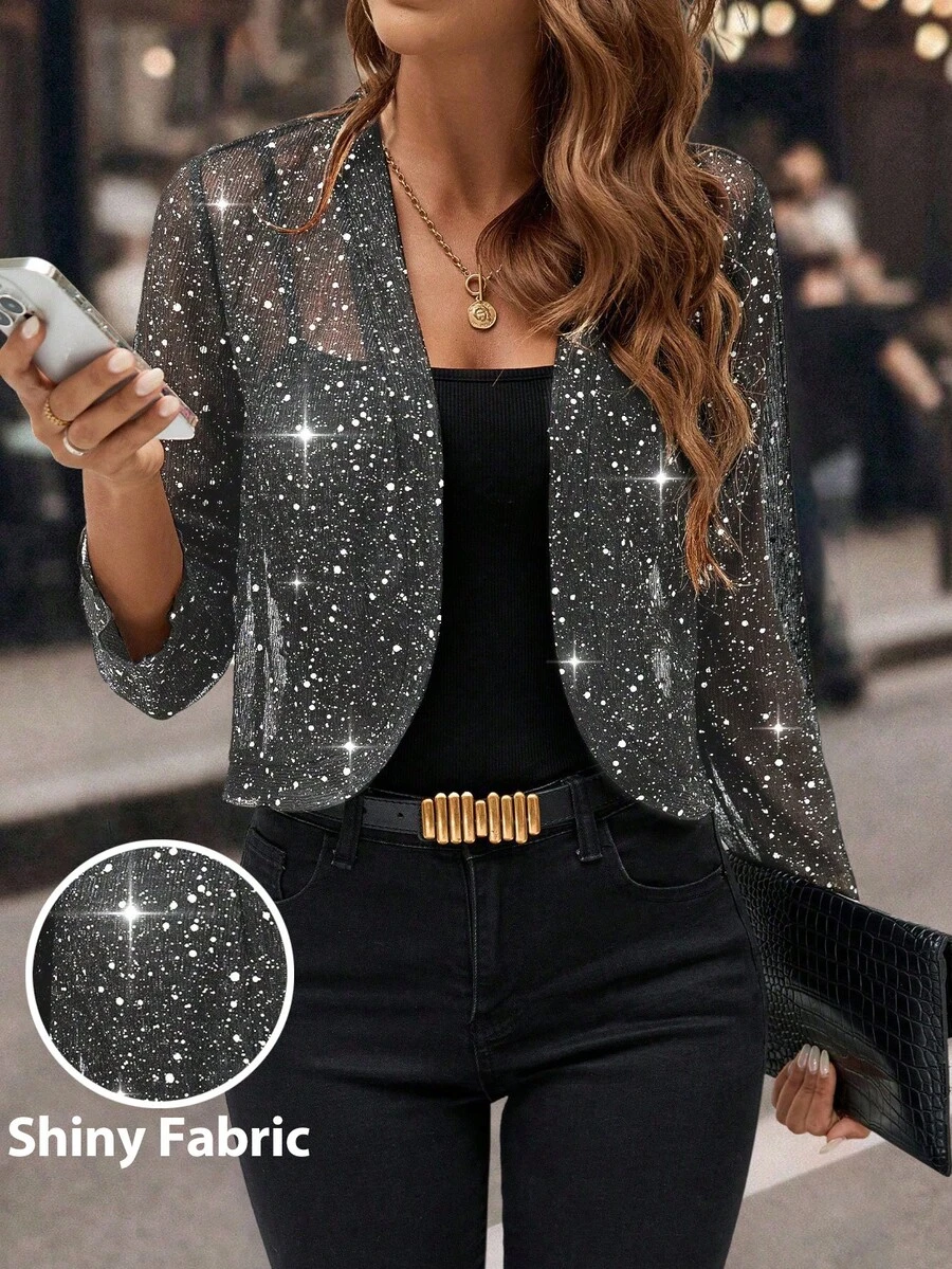 Editum 秋冬女款闪亮图案前拉链短款黑色夹克 - 灰色 - 查看 1