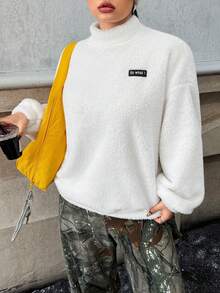 SHEIN EZwear 大码羊毛字母贴花落肩高领保暖运动衫，秋冬 - 白色 - 查看 3