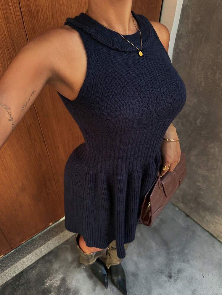 Women's Sleeveless Turtleneck A-Line Mini Sweater Dress