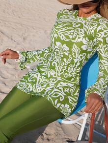 Swim Mulvari 女式新款植物印花夏季两件套连衣裙，高领，长袖，褶皱喇叭袖，紧身胸衣，中等长度泳衣，海滩度假 - 綠色 - 查看 3