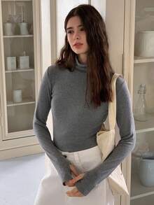 Dazy Kids Camiseta de punto de cuello alto de unicolor de manga larga, casual y versátil para adolescentes