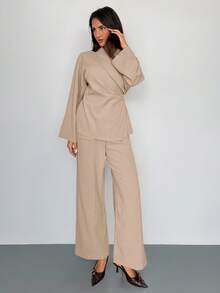 Aloruh Bộ thời trang vải lanh xám: Áo sơ mi dài tay cổ bẻ + Quần ống đứng - Màu Khaki - Xem 6