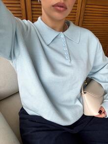 Dazy Plus Plus Size Women Solid Color Polo Collar Half-Placket Casual Pullover Sweater, Autumn/Winter - Blue - View 4