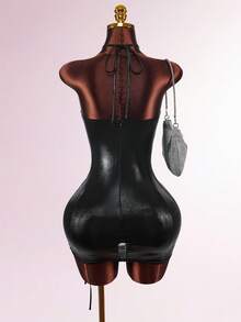 Amplova Váy ngắn hở lưng gợi cảm thời trang dự tiệc dành cho nữ - màu đen - Xem 2