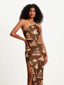 CAJUNI Women's Casual Vacation Asymmetric Mushroom Print Dress, Suitable For Dates, Boho Style, Brown Dress Brown Dress, One Shoulder Dresses, Brown Bodycon Dress, Brown Dress Women - Coffee - View 1