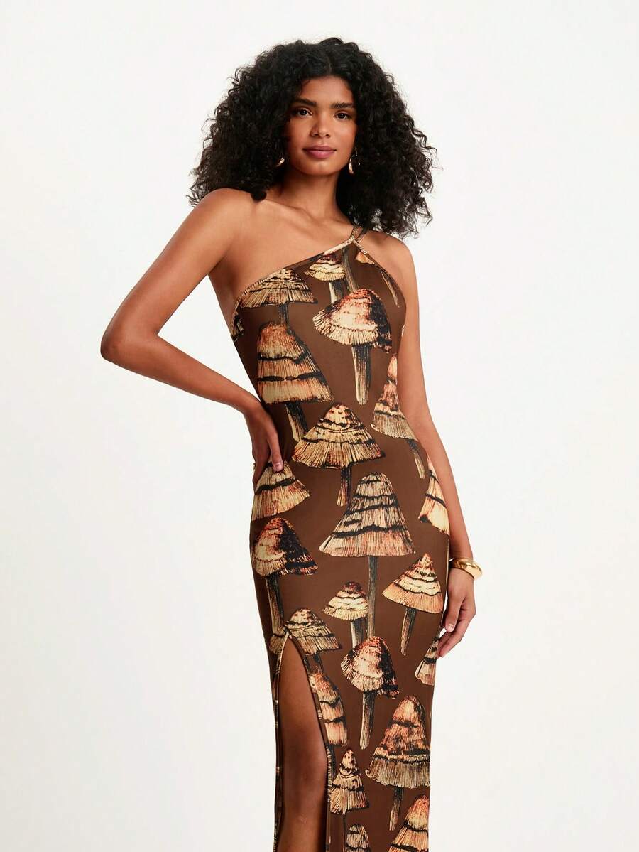 CAJUNI Women's Casual Vacation Asymmetric Mushroom Print Dress, Suitable For Dates, Boho Style, Brown Dress Brown Dress, One Shoulder Dresses, Brown Bodycon Dress, Brown Dress Women - Coffee - View 1