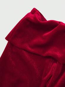 Women's Solid Color Off Shoulder Long Sleeve Fashionable Top And Flared Velvet Pants Set - Burgundy - View 3