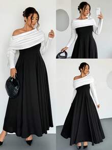 Firerie Plus Size Elegant Sophisticated Romantic Charming Formal Off-Shoulder Ruched Drawstring Waist A-Line Flare Hem Bodycon Long Sleeve Dress, Suitable For Dates, Parties, Balls, And Everyday Wear, New Design For Autumn/Winter - Black and White - View 9