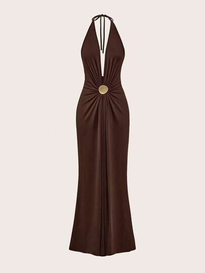 Opulessa Solid Color Knit Halter Backless Dress For Women, Sexy Christmas Outfit, Women's New Year's Eve Clothes, Thanksgiving Outfit, Elegant Party Dress, Graduation, Prom, Luxury Evening,Dresses For Women Elegant,New Year Dress ,Elegant Party Dresses,Party Dresses For Women,Dresses For Women Party