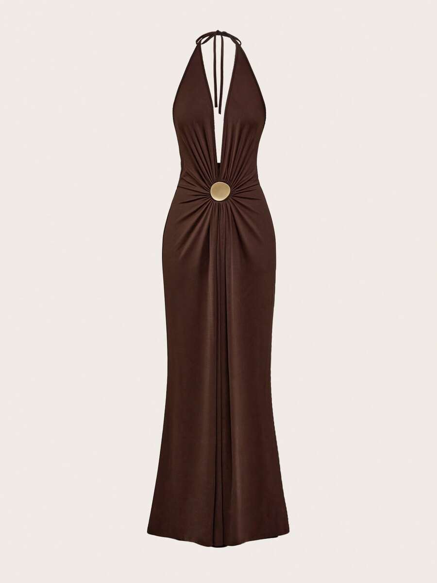 Opulessa Váy hở lưng dệt kim màu trơn dành cho nữ - màu nâu - Xem 1