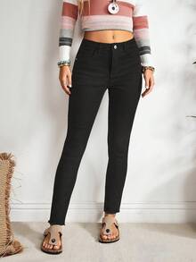 EMERY ROSE 女式纯色前扣简约修身休闲牛仔裤 - 黑色 - 查看 4