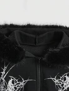 Grunge Punk Women's Y2K Punk Halloween Skull Print Fuzzy Hooded Loose Sweatshirt, Autumn/Winter - Black - View 4