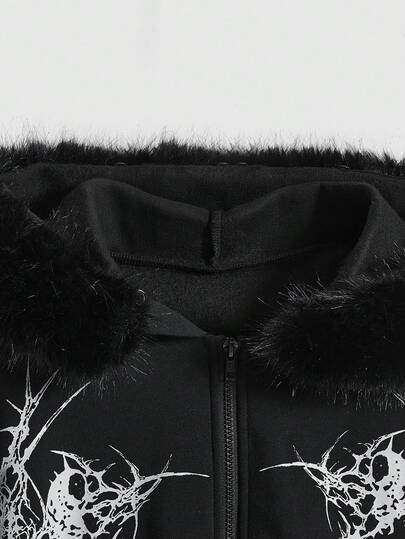 Grunge Punk Sweat-shirt à capuche ample avec imprimé crâne en peluche, style punk Y2K pour femmes, automne/hiver