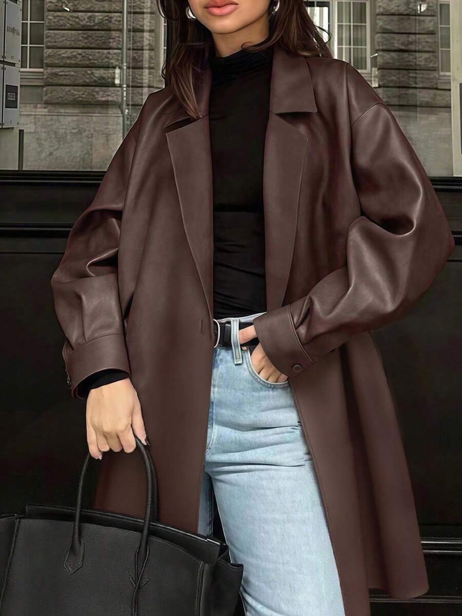 INAWLY 全新复古时尚宽松百搭女式咖啡棕色中长款皮夹克 - 咖啡棕 - 查看 1