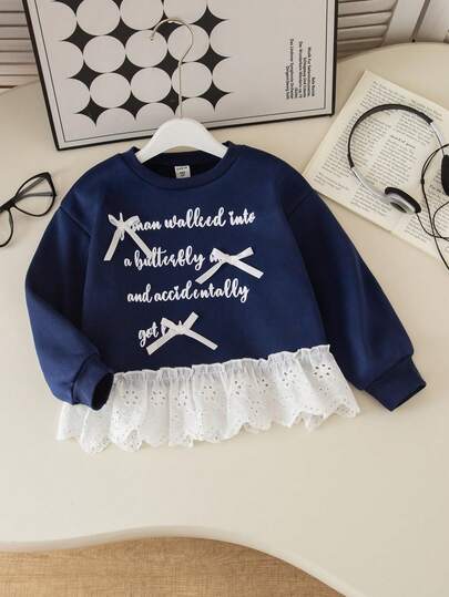 Genkimix Kids 女孩休闲时尚英文标语刺绣蝴蝶结装饰荷叶边下摆拼接灰色羊毛宽松落肩长袖圆领运动衫，秋季