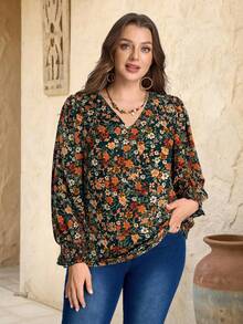 EMERY ROSE Plus Size Floral V-Neck Long Sleeve Shirt - Multicolor - View 3