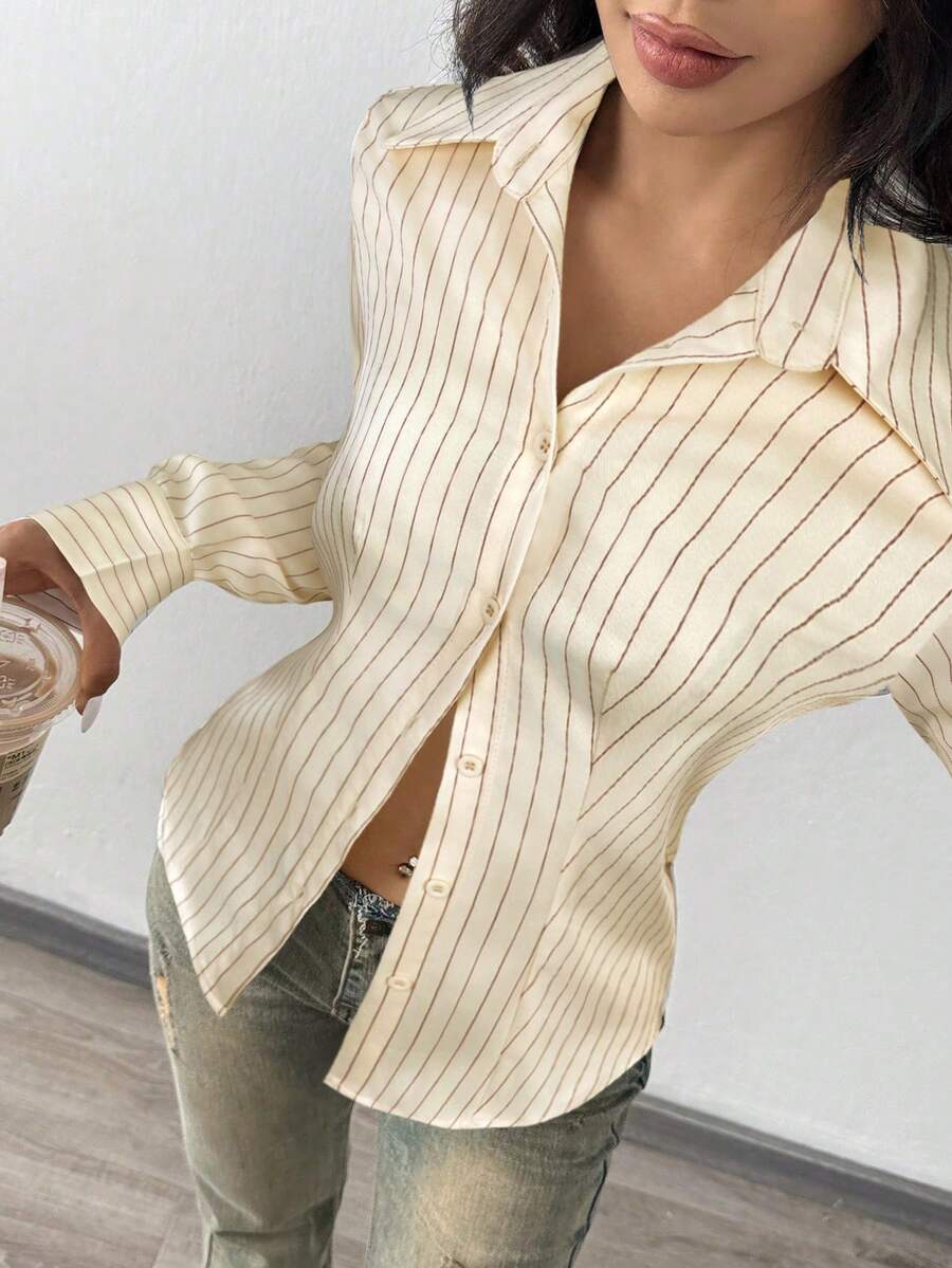 SHEIN EZwear Camicia a maniche lunghe da donna a righe intrecciata color albicocca - Albicocca - Visualizzare 1