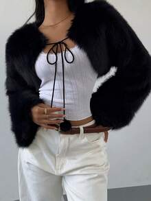 SHEIN SXY 性感可爱白色圣诞仿皮草披肩外套，秋冬时尚黑白上衣优雅休闲皮草上衣女士冬季仿皮草外套 - 黑色 - 查看 5