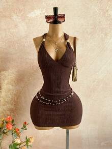 Soleia 女式夏季时尚扭纹后背纹理迷你连衣裙 - 棕色 - 查看 6