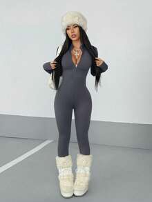 Women's Streetwear Solid Color Long Sleeve Half Zip Jumpsuit, Autumn - Grey - View 6