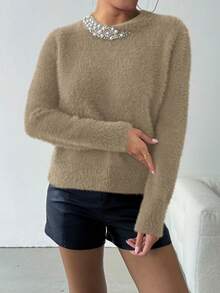 SHEIN Clasi Áo len cổ tròn đính hạt thanh lịch dành cho nữ, trang phục thu đông cho năm mới - Màu Khaki - Xem 3