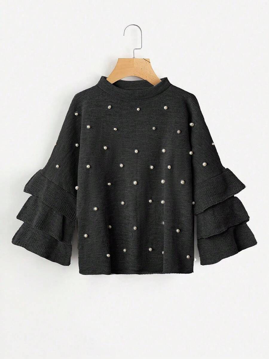 SHEIN LUNE Grey Pearl Embellished Knit Sweater With Romantic Ruffle Sleeves