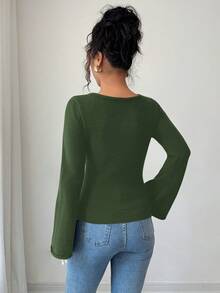 SHEIN Elenzya Áo len nữ màu trơn cổ tròn, vai thường, tay dài, dáng ôm, cổ tay loe, kiểu dáng thường ngày. - xanh quân đội - Xem 2